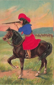 VINTAGE COWGIRL ON  HORSE WITH RIFLE~ADDED SILK NOVELTY POSTCARD 1908 072523 S - Picture 1 of 2