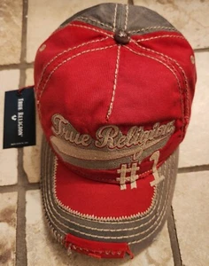 True Religion Vintage # 1 Distressed Baseball Cap Trucker Hat Leather Adjustable - Picture 1 of 7