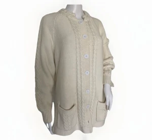 VINTAGE Cardigan Sweater Size L ButtonsCream White Pockets Unbranded Cable Knit - Picture 1 of 18