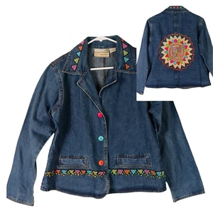 Carrie Allen Womens Denim Jean Jacket Blazer Embroidered Embellished Size Small - Picture 1 of 13