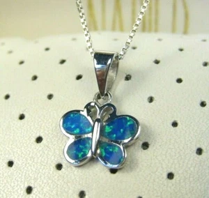 Playful Sterling Silver Blue Opal Inlay Butterfly Bug Box Chain Necklace 18" 925 - Picture 1 of 6