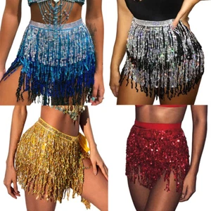 Belly Dance Dancer Sequins Costume Belt Tassel Fringe Hip Scarf Waist Wrap Skirt - Picture 1 of 30