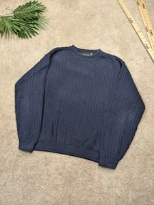 Bill Blass Fisherman Sweater Mens L USA MADE Vintage Large Navy Knit Crew Cotton - Picture 1 of 6