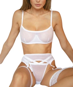 Women White Lingerie Sheer Lace Underwear Uncensored 4-Piece Garter Belt Set - Picture 1 of 13