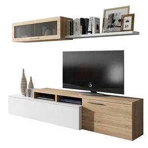 Parete attrezzata mobile soggiorno TV con mensola e modulo sospeso rovere - Foto 1 di 6