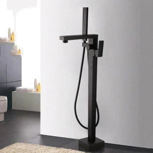 Black Floor Mount Standing Bathtub Faucet Tub Filler Mixer Tap Handheld Shower - Picture 1 of 11