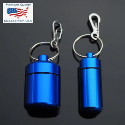 2pcs Set Waterproof Aluminum Pill Container Capsule Bottle Keychain Clip - Blue