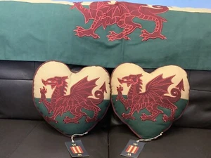 Pair of Welsh Flag /Red Dragon Passant Heart Cushion By Woven Magic (12x12) - Picture 1 of 9