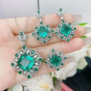 3pc Set Wedding Party Jewelry Green Citrine Gems Women Silver Necklace Earring - Picture 1 of 9