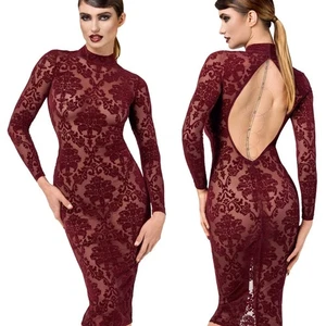 Women’s Burgundy Flocked Mesh Midi Dress – Sheer Long Sleeve Bodycon Dress - Picture 1 of 13