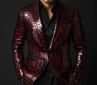Handstitched New Men Burgundy Color Crocodile Leather Texture Button Jacket Men - Image 1 of 3