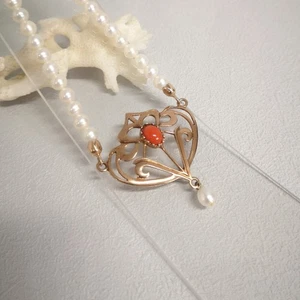 Korallenschmuck Collier Koralle Jugendstil Perlenkette Silber 925/- vergoldet - Bild 1 von 10