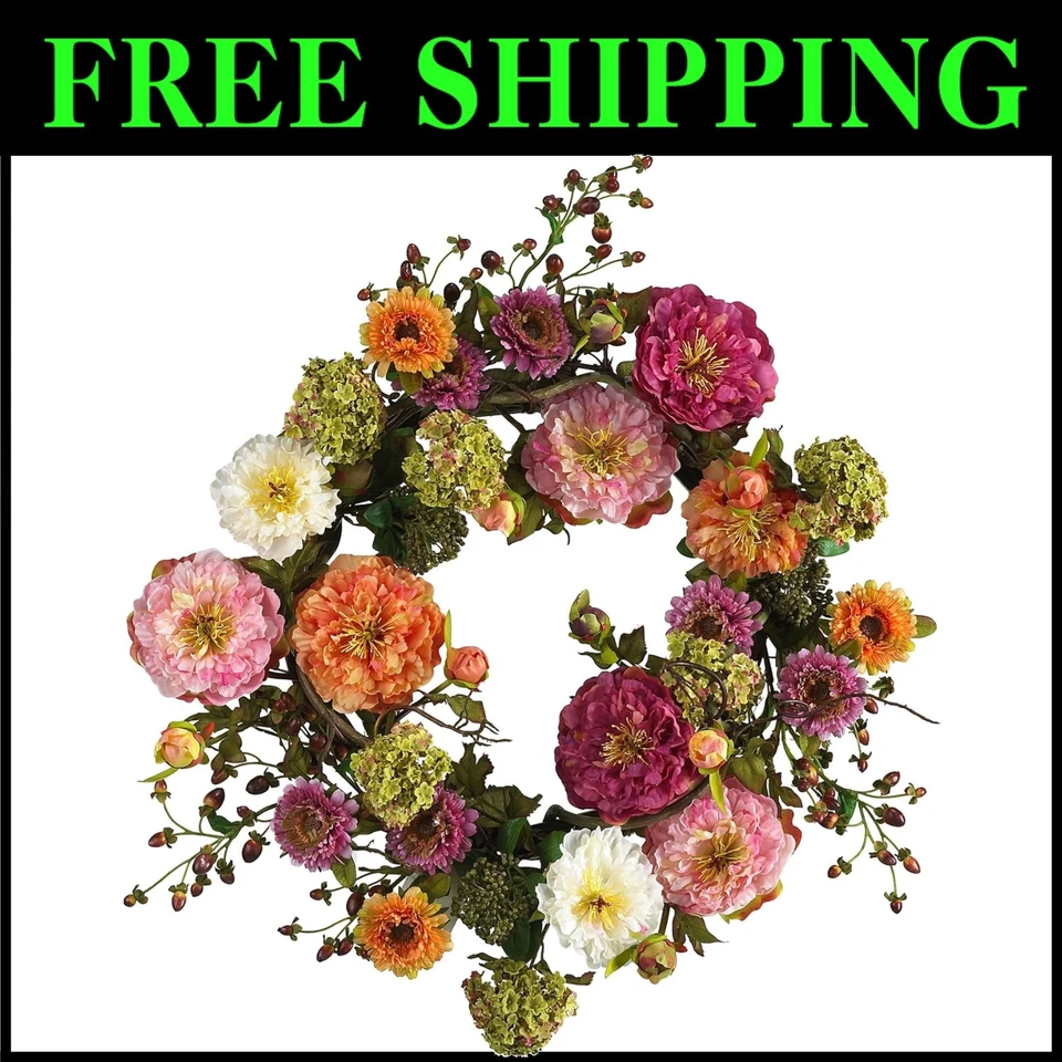 Encantadora corona de peonía mixta de 24 pulgadas - bellamente hecha a mano para decoración del hogar Foto 1 de 4