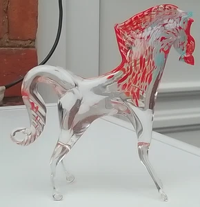 Murano Standing Glass Horse Figurine ~ Clear, Blue & Red ~ Free UK P&P - Picture 1 of 4