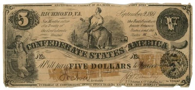 1861 Confederate States $5 CSA Counterfeit CT-36/UNL (L6219) - Image 1 of 2