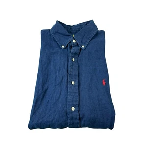 Polo Ralph Lauren Blue Red Pony Pure Linen Men’s S/S Button Front Size Large  - Picture 1 of 6