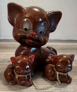 Vtg Redware Momma Cat & 2 Kittens On Chains Brown Ceramic Figurines - Picture 1 of 13