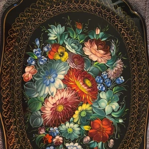 Vintage Russian Zhostovo Hand Painted Floral Metal Tray 18x13.75 - Picture 1 of 8