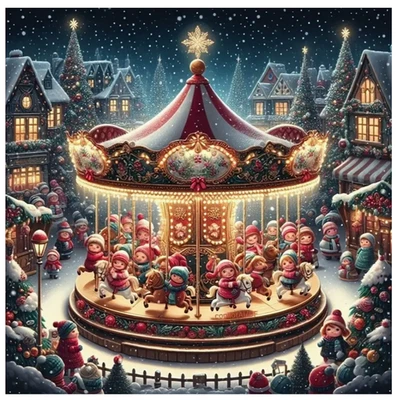 Printed Cross Stitch Kit 11 ct Winter Merry-Go-Round Carousel 36x36cm DIY UK - Image 1 of 4