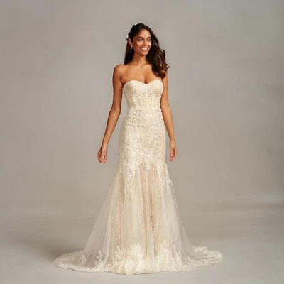 Vestido de novia Melissa Dulce talla 6 sin tirantes de encaje con cuentas corsé bordado marfil Foto 1 de 4