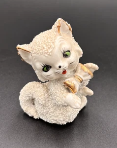 Vintage MCM gattino smalto zucchero, con fiocco e bordo oro, occhi verdi 3 1/2 in - Foto 1 di 7