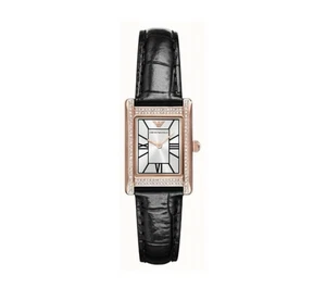 Reloj para mujer Emporio Armani rectangular oro rosa cristal bisel correa negra - Imagen 1 de 1