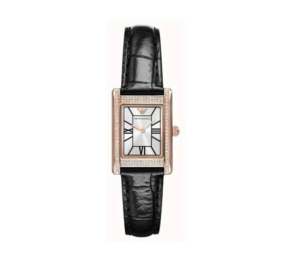 Emporio Armani Women’s Rectangular Watch Rose Gold Crystal Bezel Black Strap - Image 1 of 1