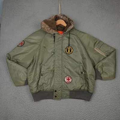 Vintage Military Jacket Mens XL Green Fur Hood Scuba Diver Patches 70s Flyer - Image 1 of 4