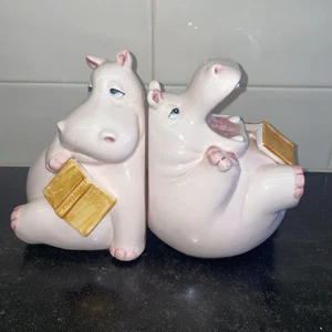 sweet vtg!  FITZ & FLOYD ~Pink Hippo Ceramic Bookends~Japan READ - Picture 1 of 16