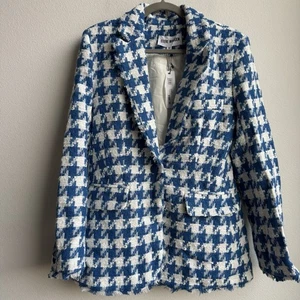 Neu mit Etikett Steve Madden blau Hahnentritt adretter Tweed Büro Blazer Jacke Größe Medium - Bild 1 von 6