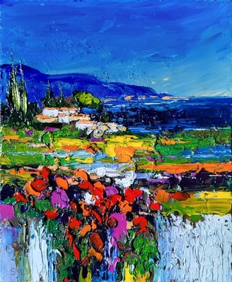 Tableau original de Sic 27X22 cm abstrait Peint au couteau "Fleurs en Provence " - Photo 1/3