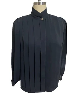Vintage 90s Black Collar Sheer Shirt Blouse S/M Pleats Secretary - Picture 1 of 6