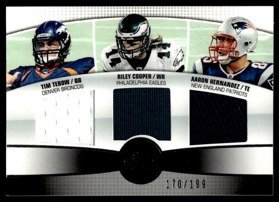 2010 TOPPS PRIME 3RD QUARTER RELICS TIM TEBOW/RILEY COOPER/AARON HERNANDEZ - Image 1 of 2