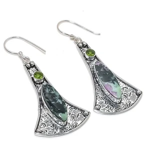 Ruby Zosite, Peridot Gemstone 925 Sterling Silver Jewelry Earring 2.68" - Picture 1 of 5