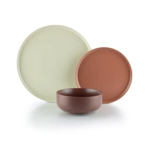 Everything Kitchens Modern Flat 12-Piece Dinnerware Set | Beige, Terracotta, Br - Picture 1 of 7