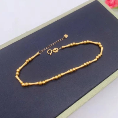 1PC Au750 Real 18K Yellow Gold Lucky Bamboo Beads Link Chain Bracelet Women Gift - Image 1 of 4