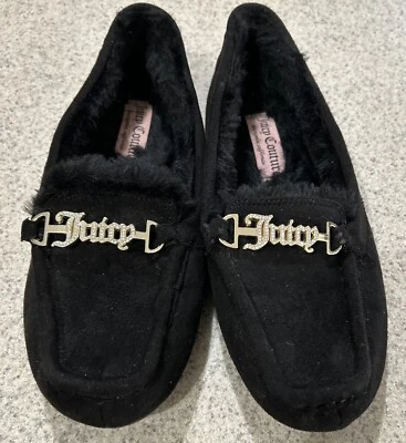 Mocasines Juicy Couture para mujer 9M de piel sintética negros de gamuza con logotipo dorado cristal Foto 1 de 4