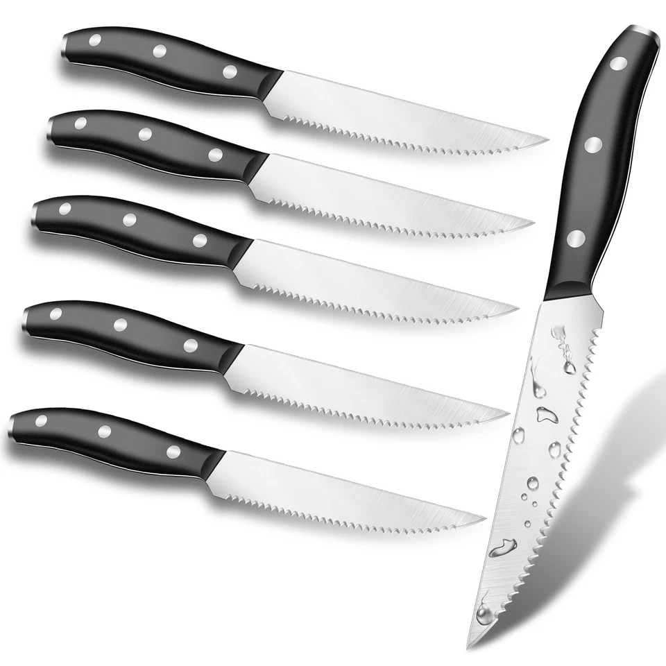 UNIQUEFIRE 6Pcs Serrated Steak Knife Set Dishwasher Safe Stainless Steel Dinner Table Knife