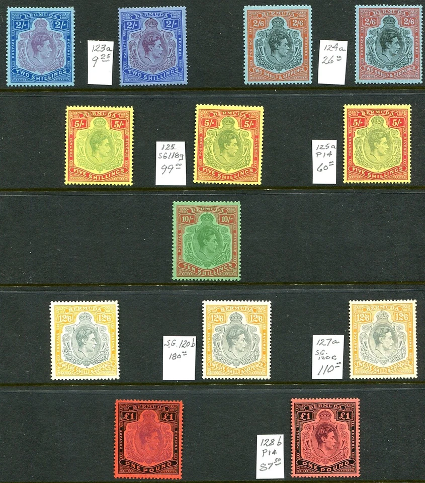 1938 Bermuda - Sc#123 / 128 + Gibbons variants of KGVI, Key Plates Est $1000+ - Image 1 of 1