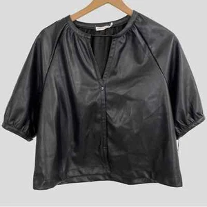 Avec Les Filles Black Faux Leather Button Front Top NWT - Picture 1 of 9