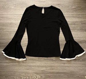 Vince Camuto Womens Petite Top sz PXS Black White Trim Bell Sleeve - Picture 1 of 10