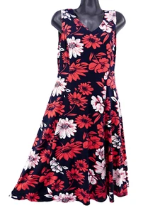JULiAN TAYLOR BLACK RED FLORAL TROPiCAL HAWAiiAN BEACH MiDi STRETCH DRESS 14 - Picture 1 of 9