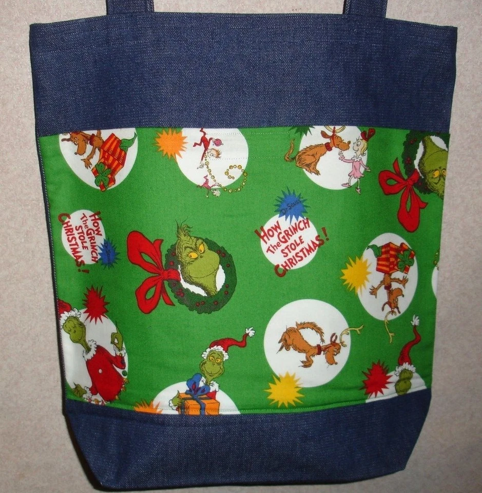 NEW Large Denim Tote Bag Handmade/w Grinch Stole Christmas Characters Fabric - Image 1 of 1