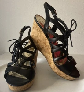 Guess Womens Gelsiee Strappy Sandal Wedge Heels Shoes Black Cork Lace Up 10 M - Picture 1 of 9