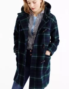 J. Crew Women's Duffle wool Hooded MIDI Toggle Overcoat Green Blue plaid Sz 8 - Picture 1 of 11