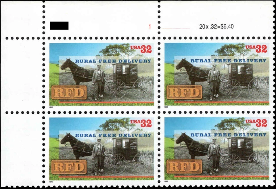 US #3090 MNH Plate Block 1996 Rural Free Delivery RFD Horse Wagon [UL 11231] - Image 1 of 1