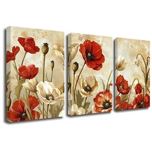 PBXBJY Red Poppy Canvas Wall Art Poppies Flower Painting Prints 3 Piece Brown... - Picture 1 of 6