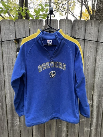 Majestic Men L Milwaukee Brewers Fleece Top Crewneck Sweater MLB Blue Retro Cover