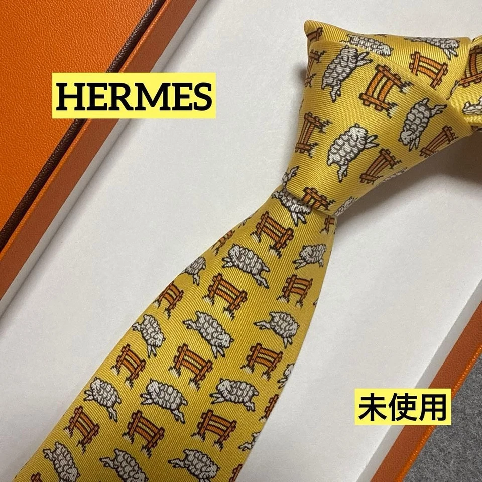 Corbata HERMES Amarillo Naranja Blanco Oveja Patrón H 100% Seda Francia Sin Caja Como Nueva Foto 1 de 4