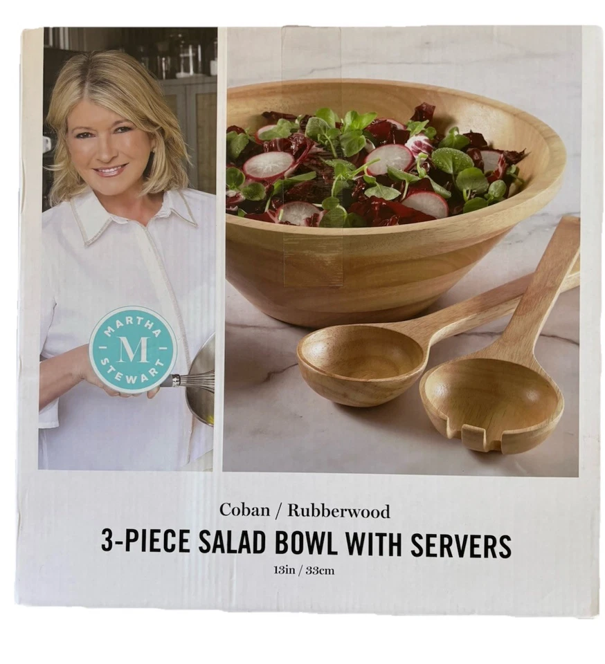 Martha Stewart three-piece salad bowl with servers Covan/rubber wood 13 inch - Image 1 of 1